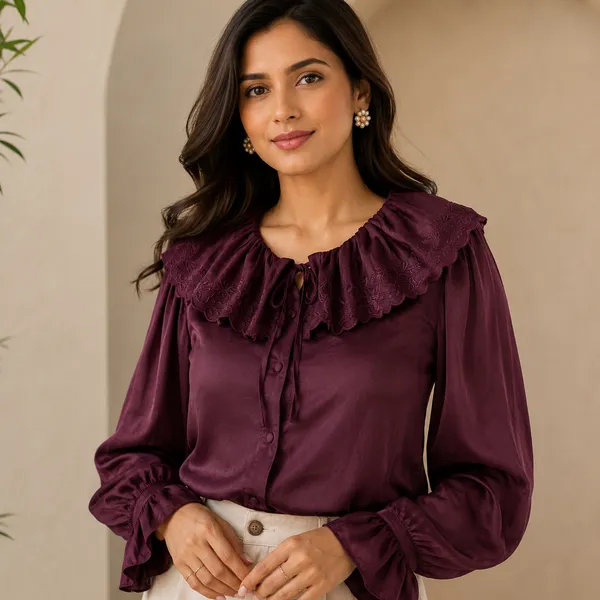 Women_Deep_Burgandy__Color_Satin__Fabric_Schiffli_Embroidered__Ruffle_Collar_Designer_Shirt(Aurelia_Top).