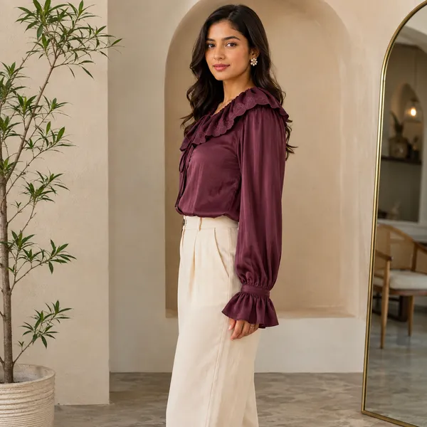 Women_Deep_Burgandy__Color_Satin__Fabric_Schiffli_Embroidered__Ruffle_Collar_Designer_Shirt(Aurelia_Top).