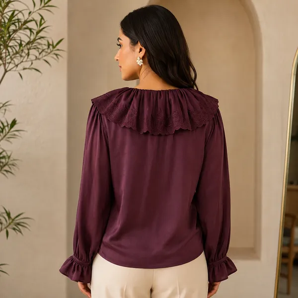 Women_Deep_Burgandy__Color_Satin__Fabric_Schiffli_Embroidered__Ruffle_Collar_Designer_Shirt(Aurelia_Top).