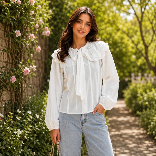 Women__White_Color_Pure_Cotton__Fabric__Schiffli_Emroidered_Scallop_Collar_Designer_Shirt
