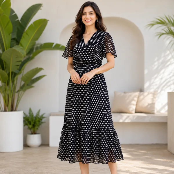 Women_Black_Color_Midi_Length_Metallic_Silver_Dot_Chiffon_Fabric_Designer_Dress(Polka_dot_Dress).