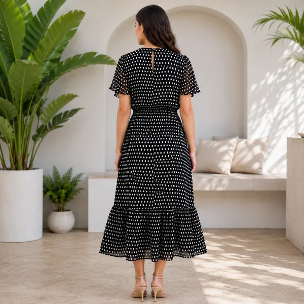 Women_Black_Color_Midi_Length_Metallic_Silver_Dot_Chiffon_Fabric_Designer_Dress(Polka_dot_Dress).