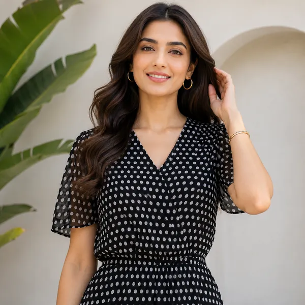 Women_Black_Color_Midi_Length_Metallic_Silver_Dot_Chiffon_Fabric_Designer_Dress(Polka_dot_Dress).