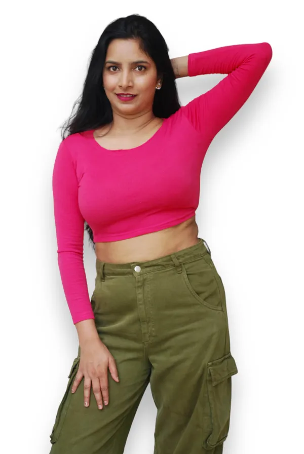 Fuchsia_Pink_Full_Sleeve_Stretchable_Crop_Top_For_Women