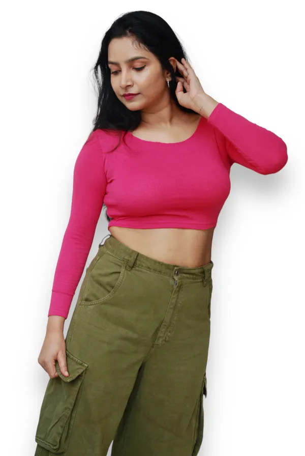 Fuchsia_Pink_Full_Sleeve_Stretchable_Crop_Top_For_Women