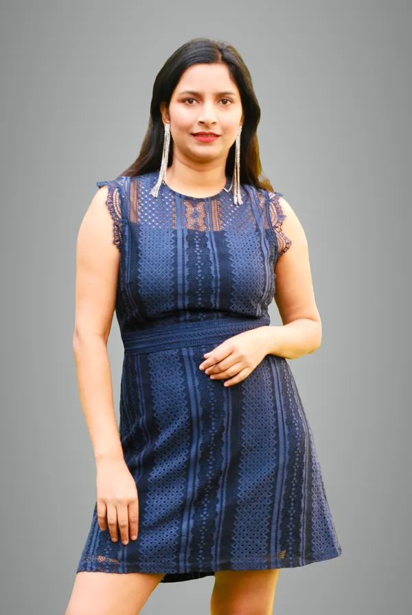 Navy_Blue_Lace_Scalloped_Sleeve_Designer_A_Line_Dress_For_Women