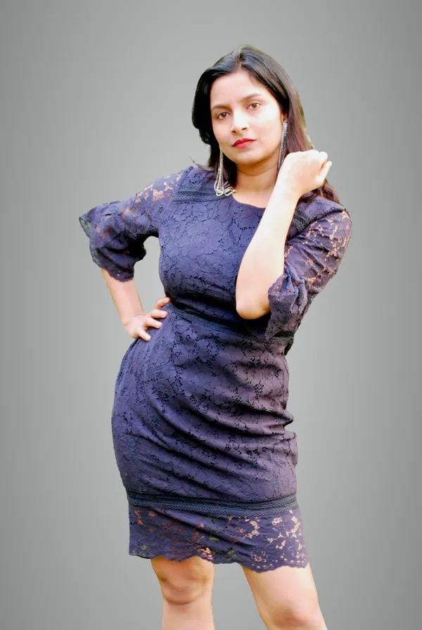 Empire_Waist_Lace_Fabric_Navy_Blue_Dress_For_Women