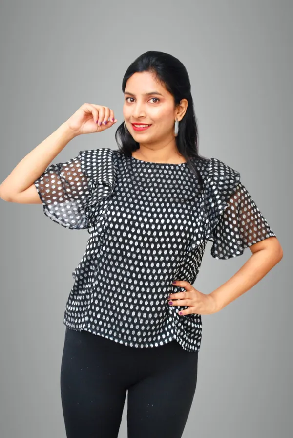 Flared_Sleeves_Jacquard_Fabric_Black_Top_For_Women