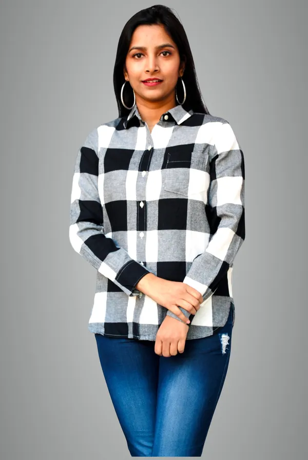 Regular_Fit_Checkered_Button_Down_Collar_Black_And_White_Casual_Shirt_For_Women