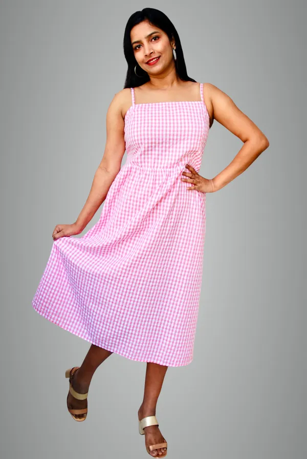 Pink_Gingham_Check_Cami_Dress_For_Women