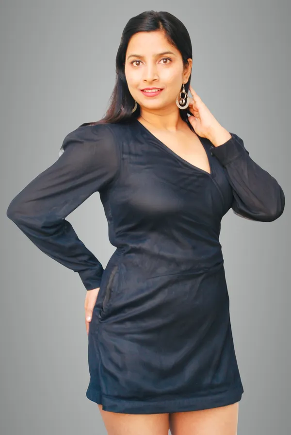 Black_V_Neck_Mesh_Fabric_Wrap_Dress_For_Women