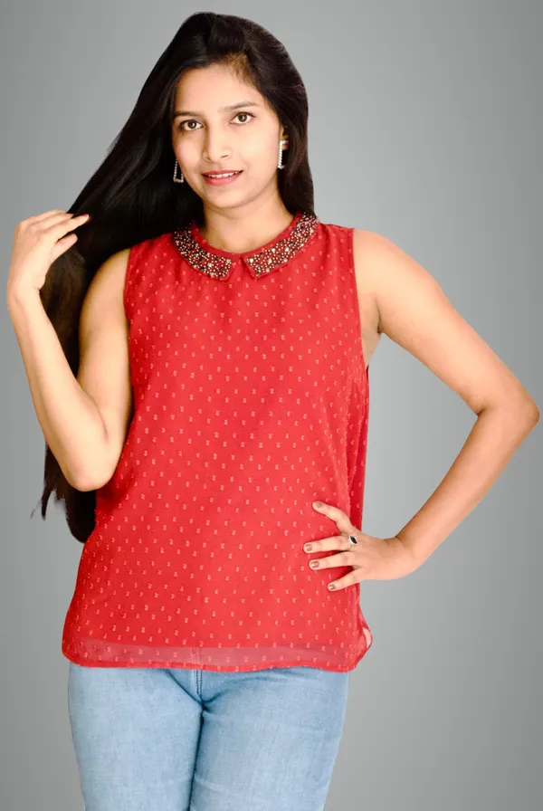 Maroon_Dobi_Georgette_Fabric_Collared_Embellished_Top_For_Women