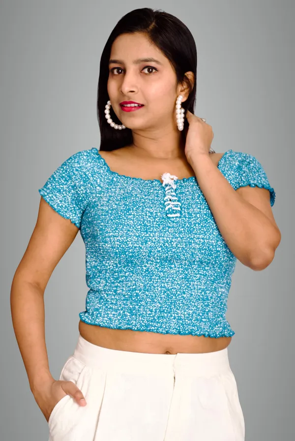 Sky_Blue_Smocked_Fabric_Fitted_Crop_Top_For_Women