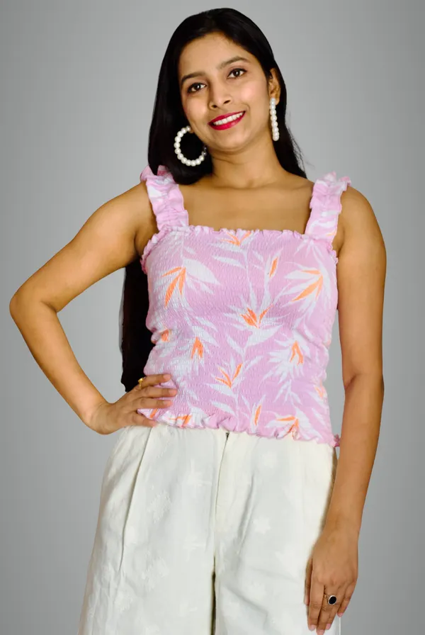 Pink_Smocked_Fabric_Fitted_Shoulder_Strap_Crop_Top_For_Women