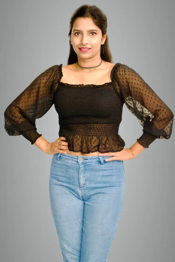 Black_Smocked_Fabric_Fitted_Crop_Top_For_Women