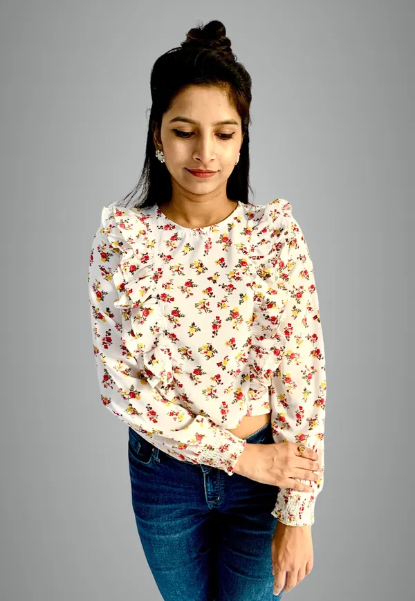 White_Printed_Ruffle_Style_Crop_Top_For_Women