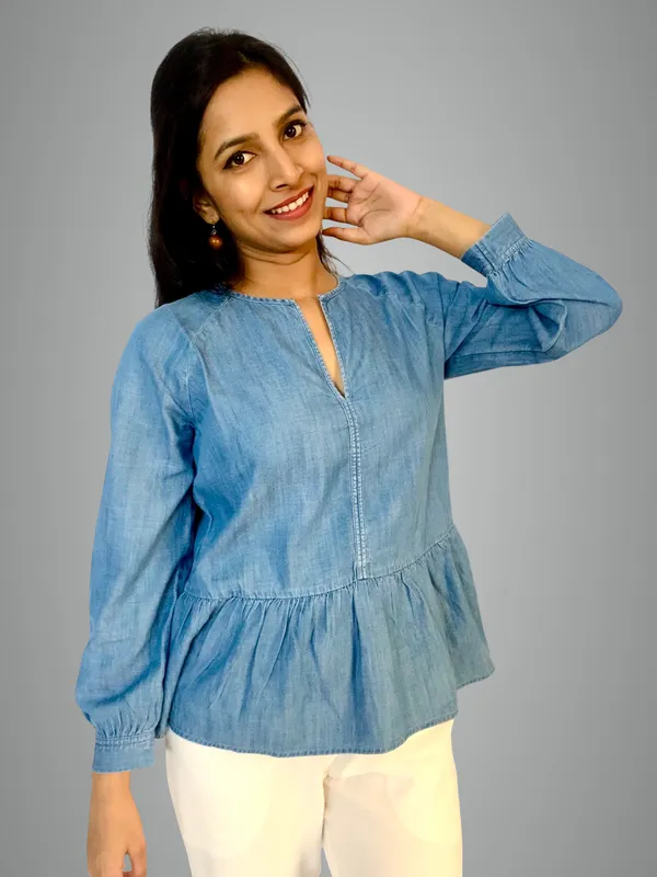 Blue_Raglan_Sleeves_Denim_Fabric_Peplum_Top_For_Women