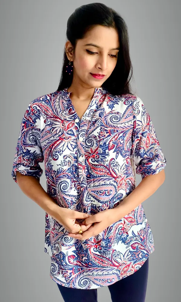White_Paisley_Printed_Roll_Up_Sleeve_Tunic_For_Women