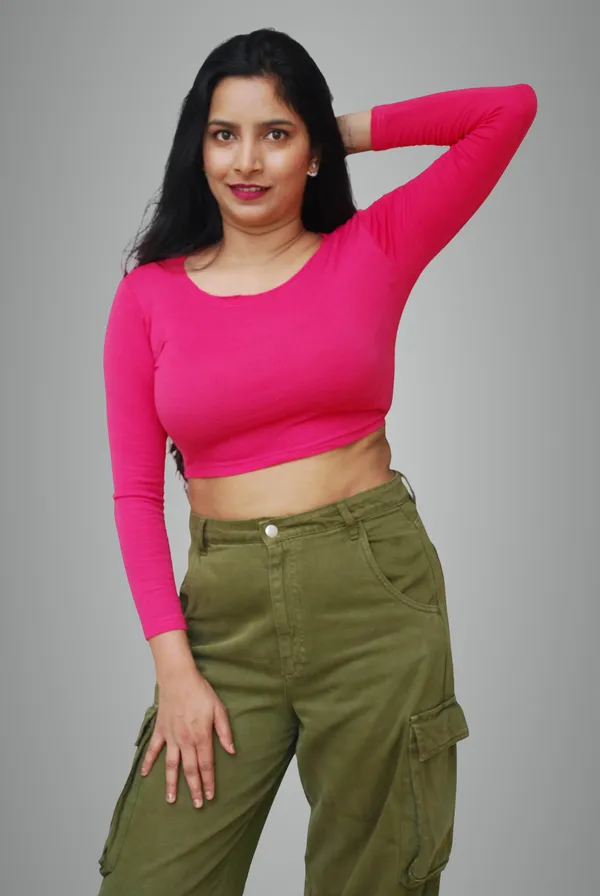 Fuchsia_Pink_Full_Sleeve_Stretchable_Crop_Top_For_Women