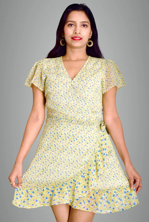 Yellow_Printed_V_Neck_Waist_Wrap_Dress_For_Women