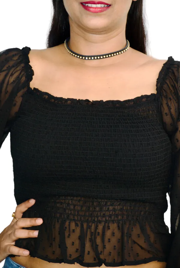 Black_Smocked_Fabric_Fitted_Crop_Top_For_Women