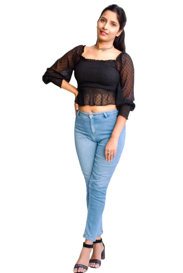 Black_Smocked_Fabric_Fitted_Crop_Top_For_Women
