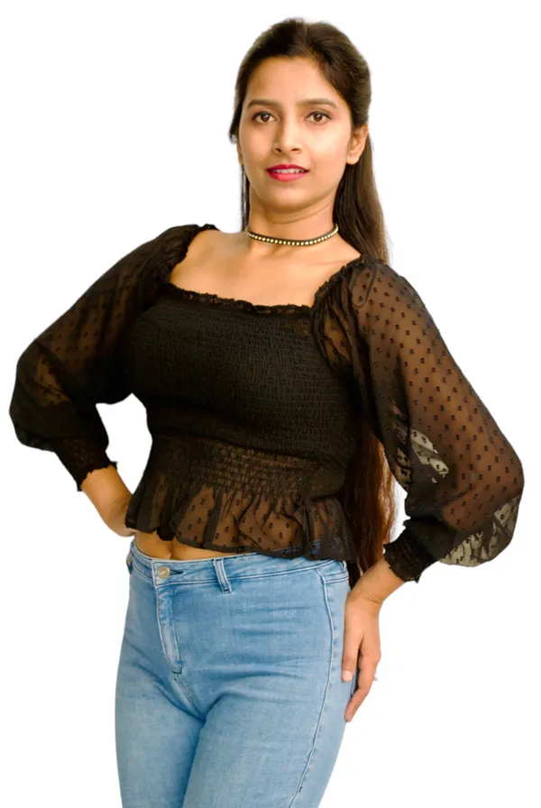 Black_Smocked_Fabric_Fitted_Crop_Top_For_Women