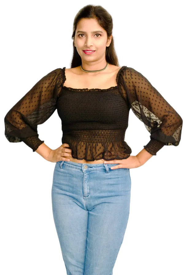Black_Smocked_Fabric_Fitted_Crop_Top_For_Women