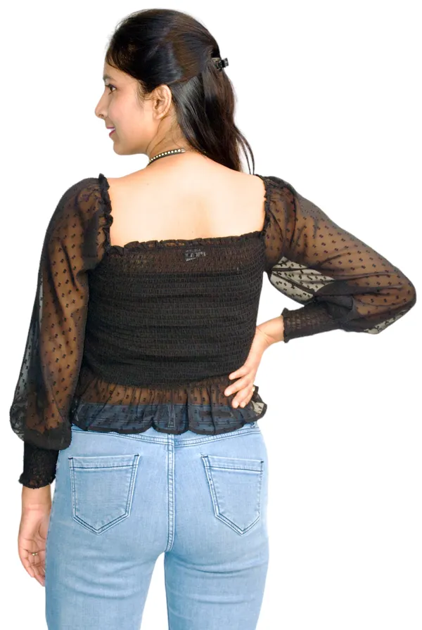 Black_Smocked_Fabric_Fitted_Crop_Top_For_Women