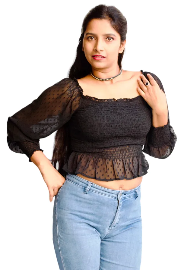 Black_Smocked_Fabric_Fitted_Crop_Top_For_Women