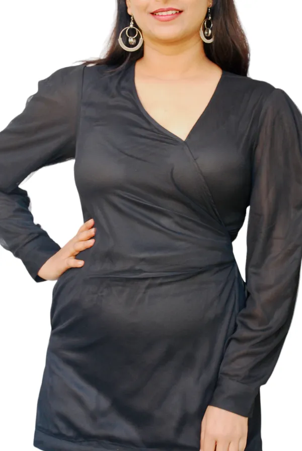 Black_V_Neck_Mesh_Fabric_Wrap_Dress_For_Women