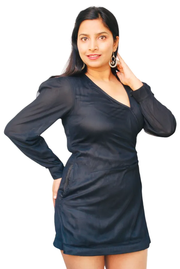 Black_V_Neck_Mesh_Fabric_Wrap_Dress_For_Women