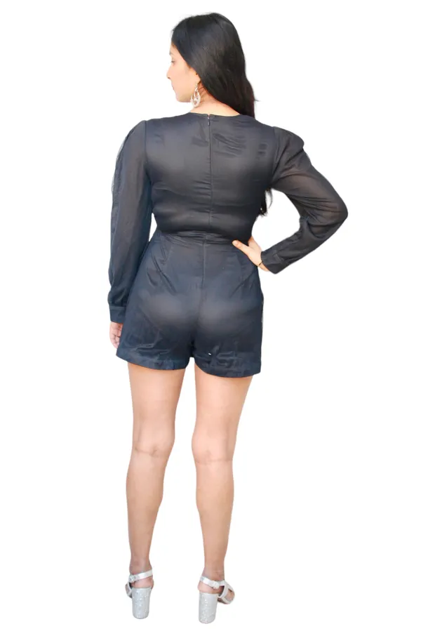 Black_V_Neck_Mesh_Fabric_Wrap_Dress_For_Women
