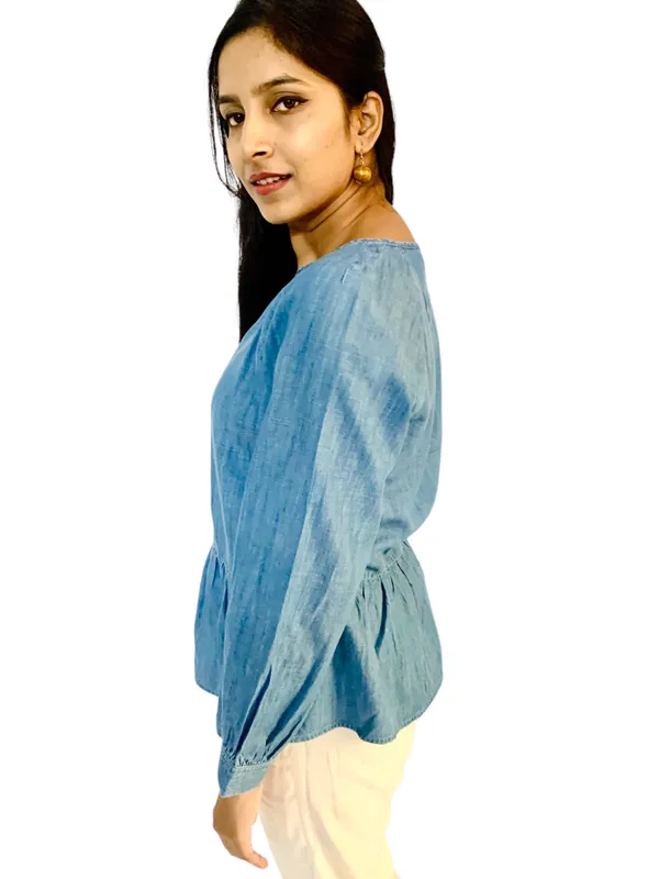 Blue_Raglan_Sleeves_Denim_Fabric_Peplum_Top_For_Women