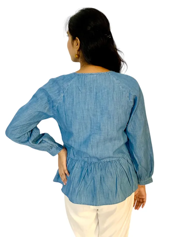 Blue_Raglan_Sleeves_Denim_Fabric_Peplum_Top_For_Women