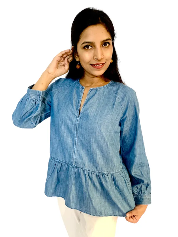 Blue_Raglan_Sleeves_Denim_Fabric_Peplum_Top_For_Women