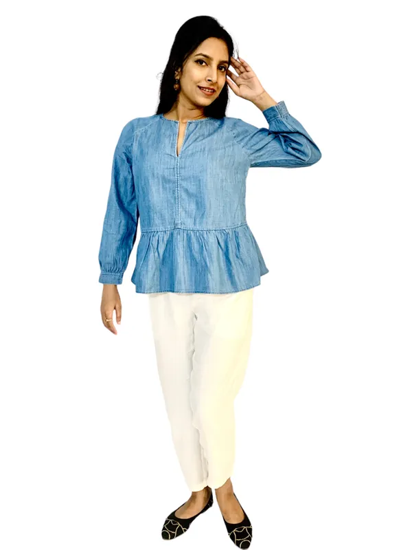 Blue_Raglan_Sleeves_Denim_Fabric_Peplum_Top_For_Women