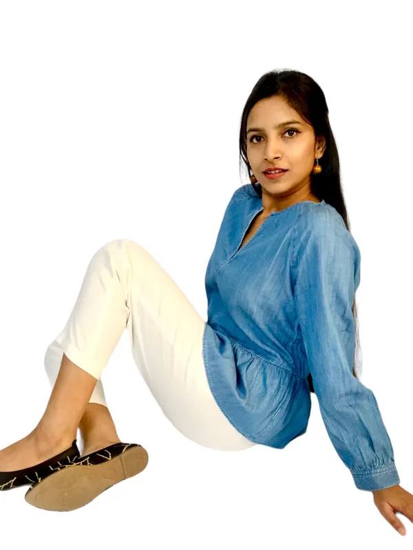 Blue_Raglan_Sleeves_Denim_Fabric_Peplum_Top_For_Women