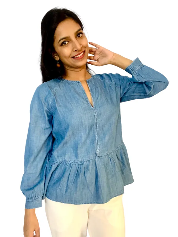 Blue_Raglan_Sleeves_Denim_Fabric_Peplum_Top_For_Women