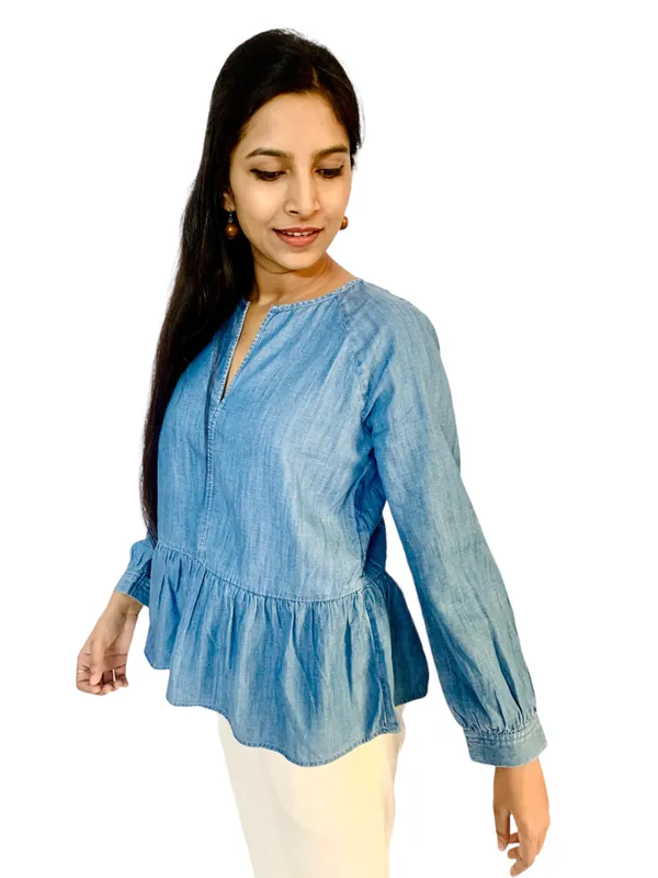 Blue_Raglan_Sleeves_Denim_Fabric_Peplum_Top_For_Women