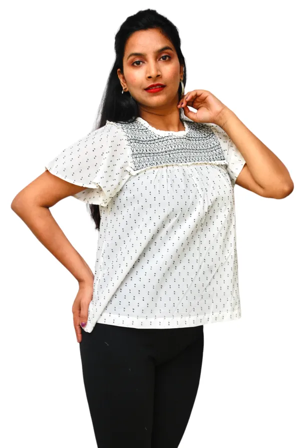 Casual_Flared_Sleeves_Embroidered_White_Black_Top_For_Women