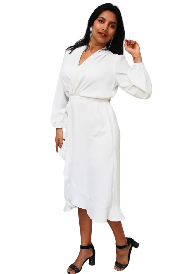Cream_V_Neck_Ruffle_Style_Dress_For_Women