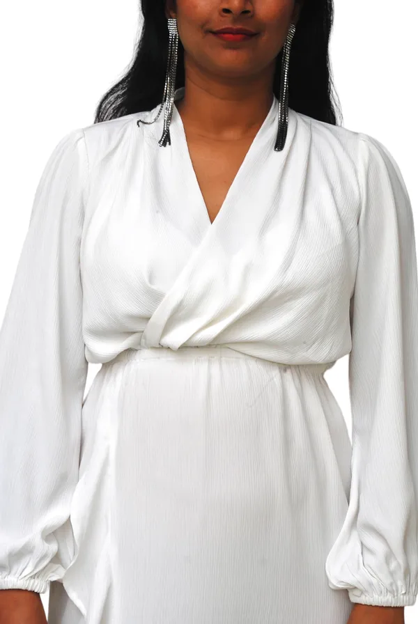 Cream_V_Neck_Ruffle_Style_Dress_For_Women