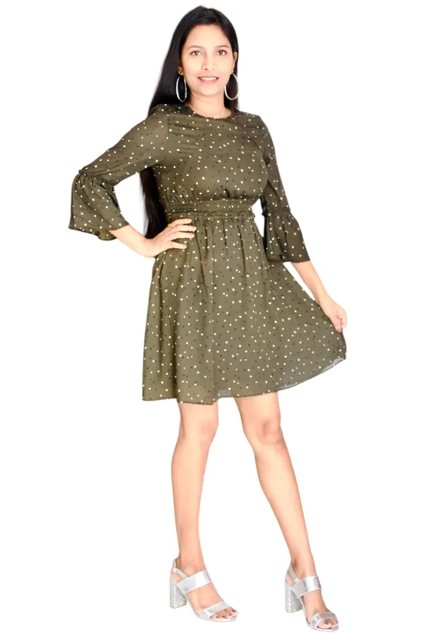 Dark_Green_Waist_Smocked_Polka_Dot_Dress_For_Women