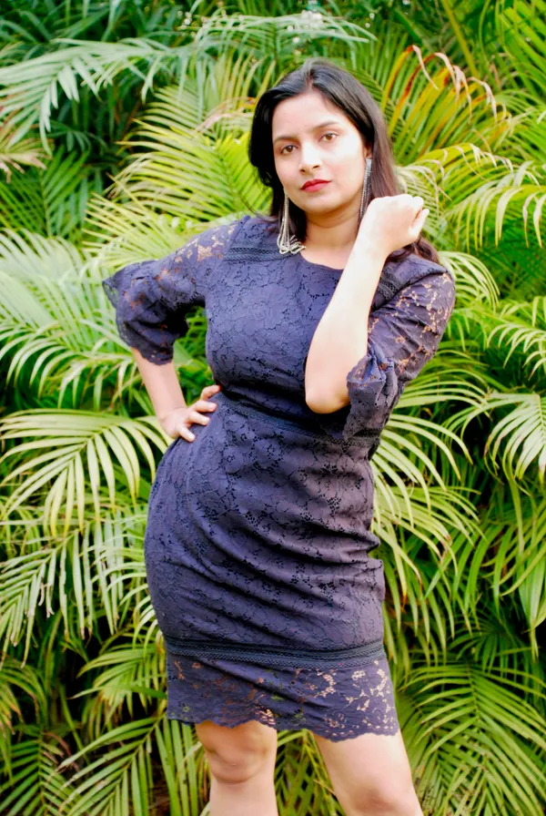 Empire_Waist_Lace_Fabric_Navy_Blue_Dress_For_Women