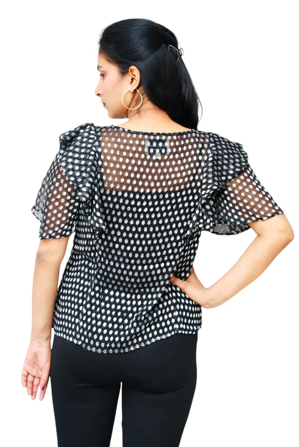 Flared_Sleeves_Jacquard_Fabric_Black_Top_For_Women