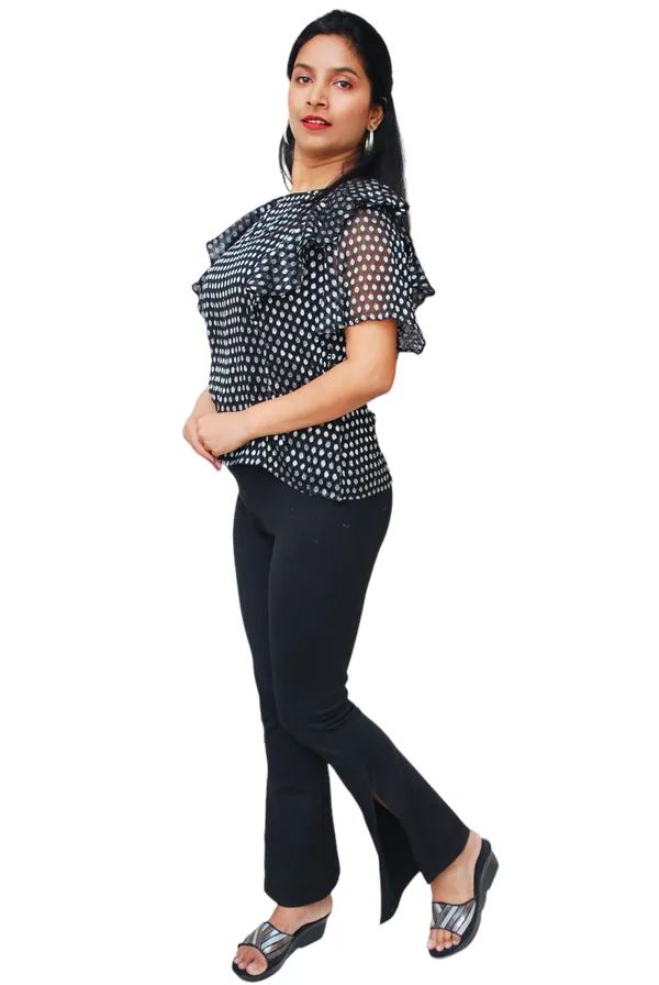 Flared_Sleeves_Jacquard_Fabric_Black_Top_For_Women