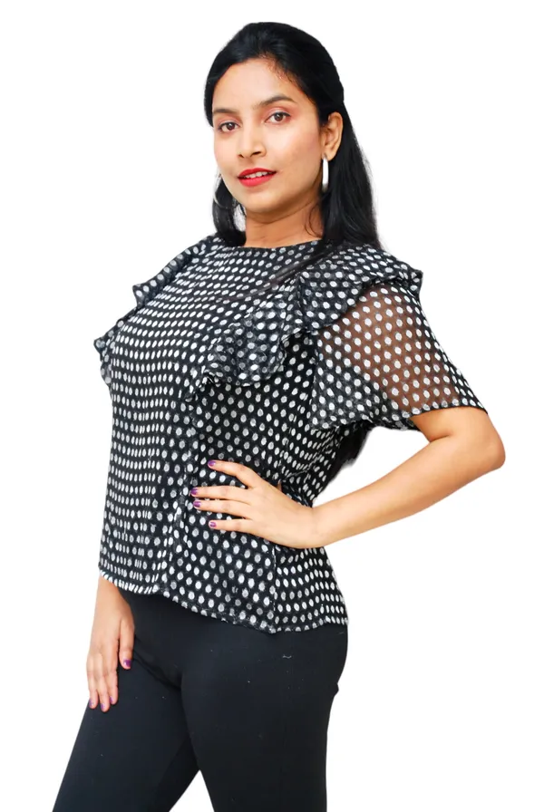 Flared_Sleeves_Jacquard_Fabric_Black_Top_For_Women