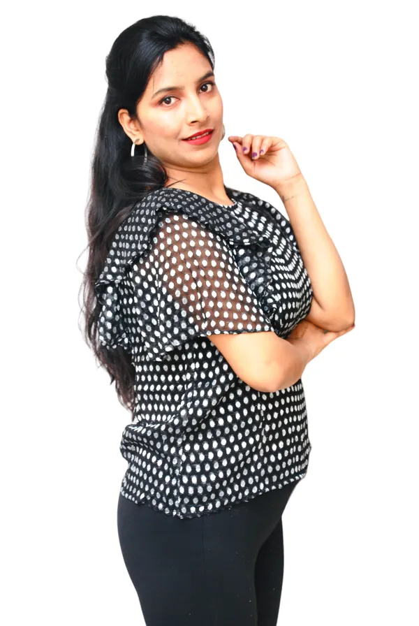 Flared_Sleeves_Jacquard_Fabric_Black_Top_For_Women