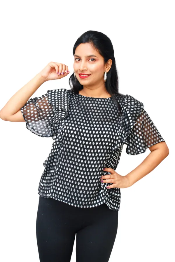 Flared_Sleeves_Jacquard_Fabric_Black_Top_For_Women